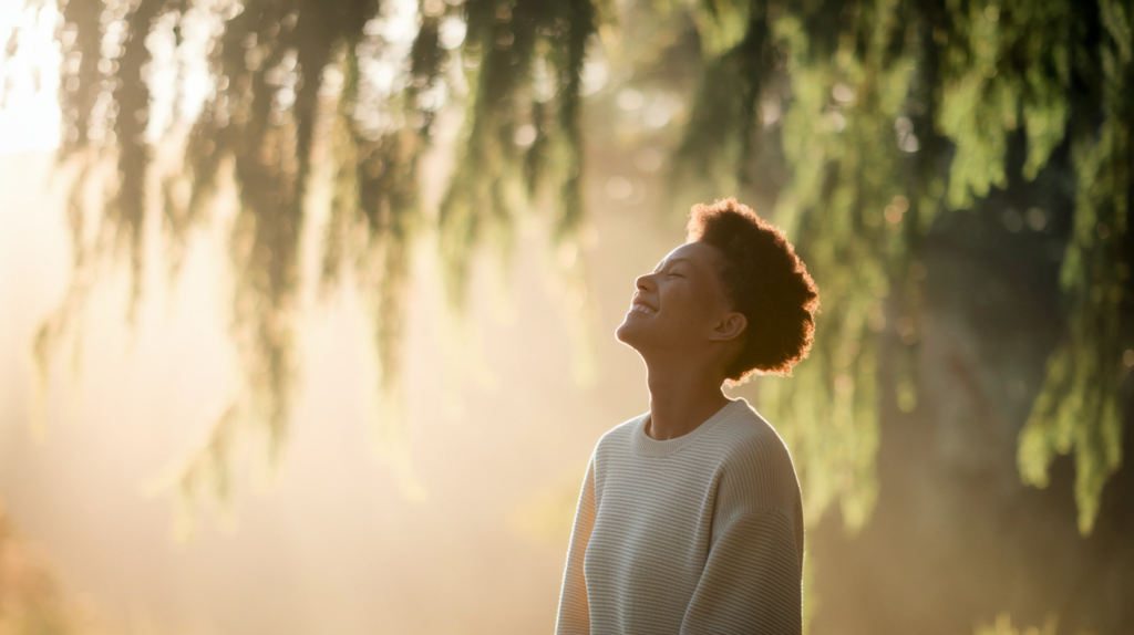 A young person stands outdoors in the golden sunlight, eyes closed and smiling, embracing a peaceful moment of gratitude