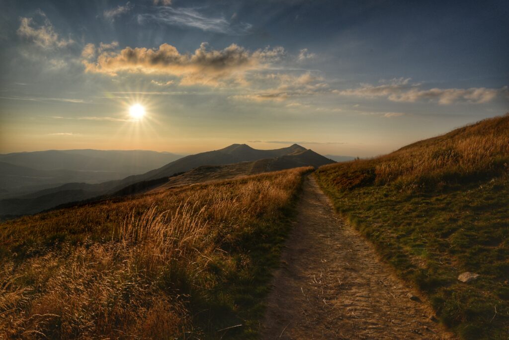 A winding dirt path through golden fields leading toward distant mountains under a radiant sunset, symbolizing purpose, self-discovery, and new opportunities.