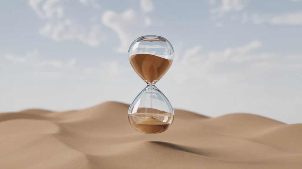 A floating hourglass suspended above a desert landscape, with sand frozen in midair under a clear sky.