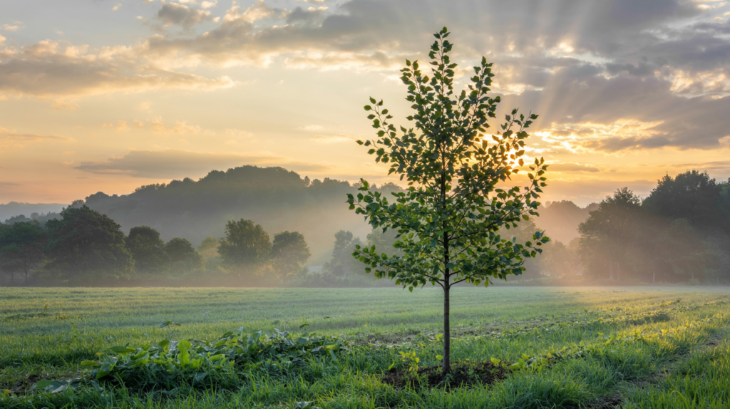 A single young tree stands in a misty green field at sunrise, with golden sunlight streaming through its leaves. The scene symbolizes personal growth, clarity, and a new beginning.