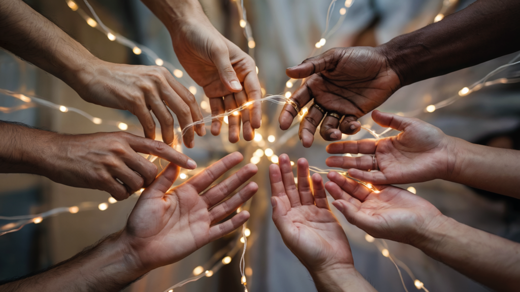 A close-up of diverse human hands — young and old, different skin tones — gently reaching toward each other, connected by glowing golden threads of light, symbolizing emotional and spiritual connection.