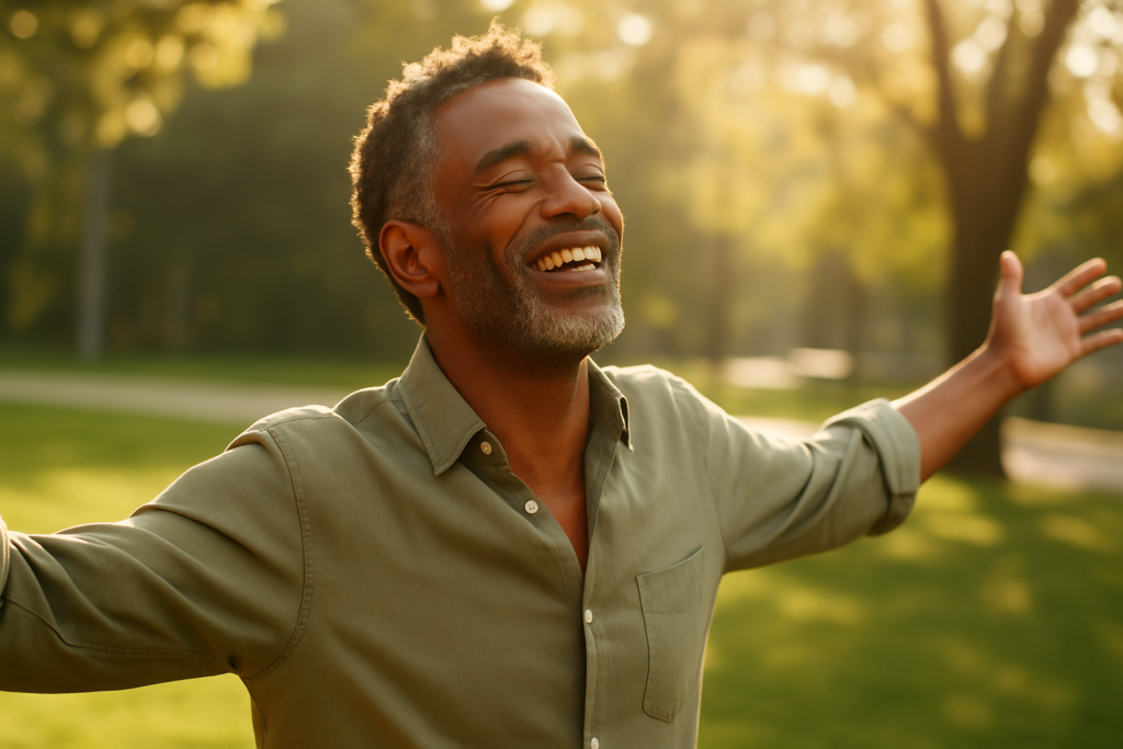 A joyful, middle-aged Black man in a park with his arms gently outstretched and eyes closed, standing in warm sunlight, radiating peace and vitality.