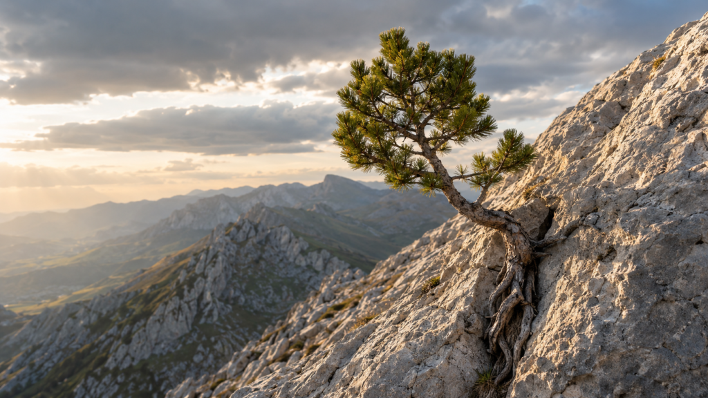 Bosnian pine growing from a limestone cliff in the mountains of Bosnia and Herzegovina