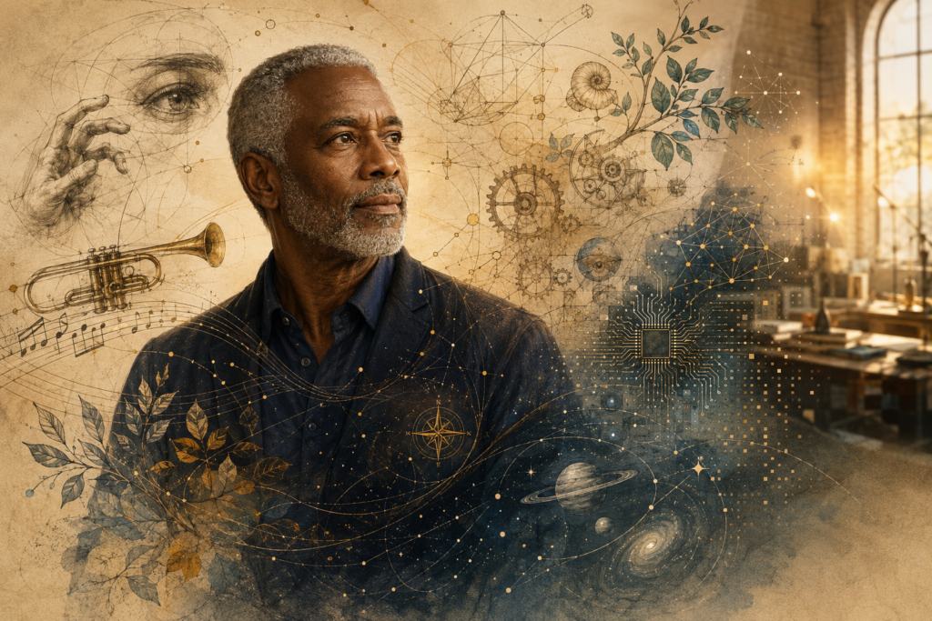 A thoughtful older Black man surrounded by Da Vinci–style sketches of music, nature, anatomy, engineering, astronomy, and artificial intelligence.